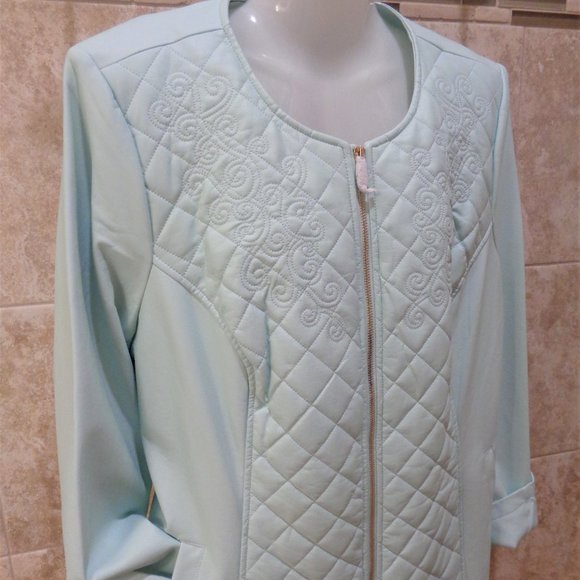 Dennis Basso Faux Leather Quilted Jacket Embroidery Mint Color Size L Chic - Picture 1 of 10